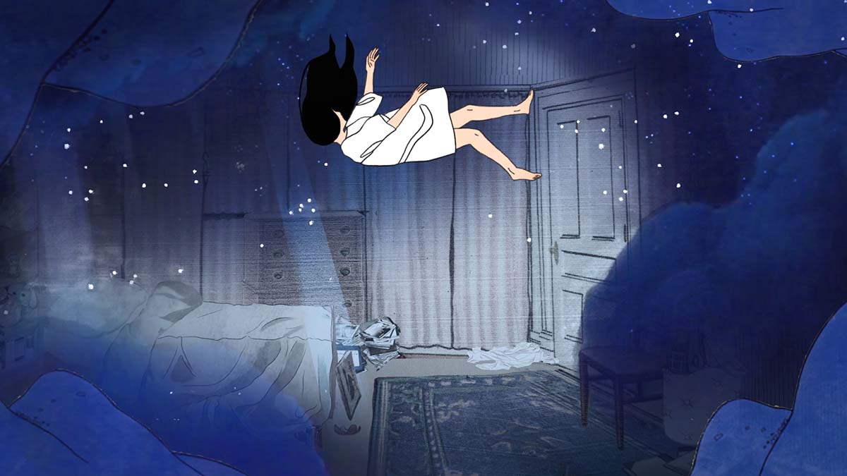 In a darkened bedroom a girl in a nightgown floats above her bed.