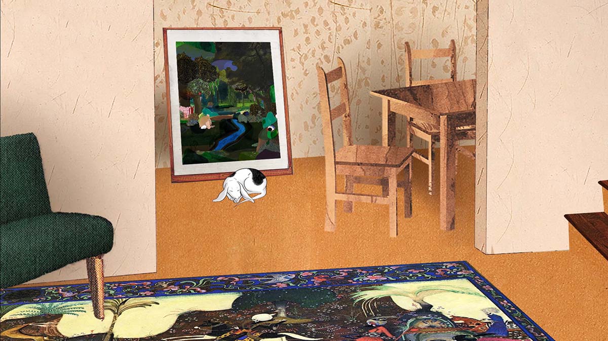 A small furry creature sleeps in a dining room in front of a poster leaning against a wall. In the foreground you see a living room with a chair and rug and the first step of a staircase.