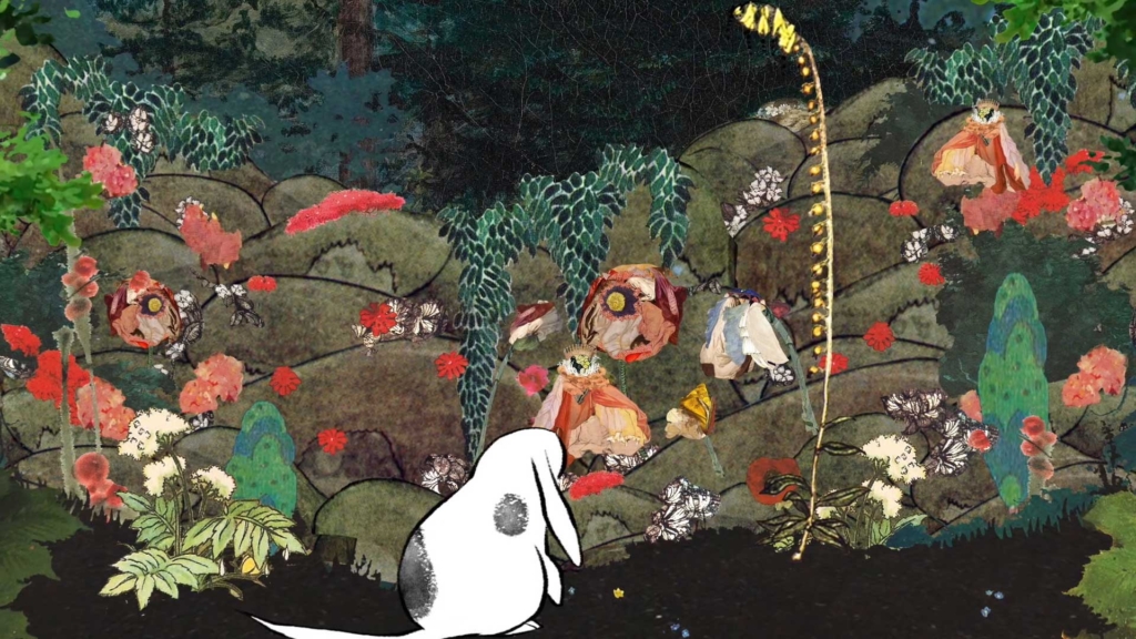 A hand-drawn creature with long rabbit-like ears and a small body and long dog-like tail faces away from us, looking ahead at a natural scene made out of a collage of images. 