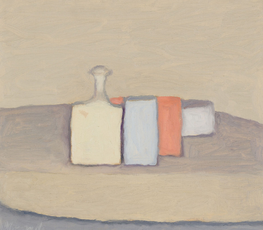 A painting depicts four objects on a table. Each object is painted in a muted, pastel color, with some of them layered in front of others.