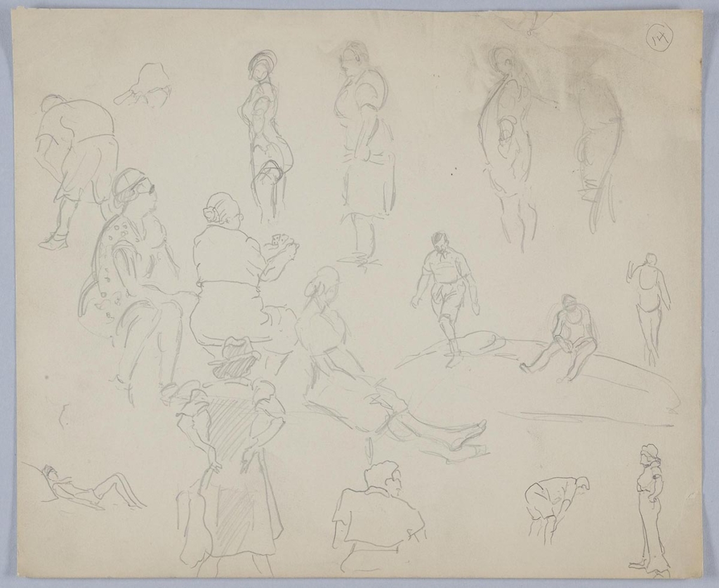 A drawing depicts people in a variety of poses, alone and in groups. Some are sitting or reclining, others are standing with hands on hips or in pockets. The drawings of people cover the whole page. 