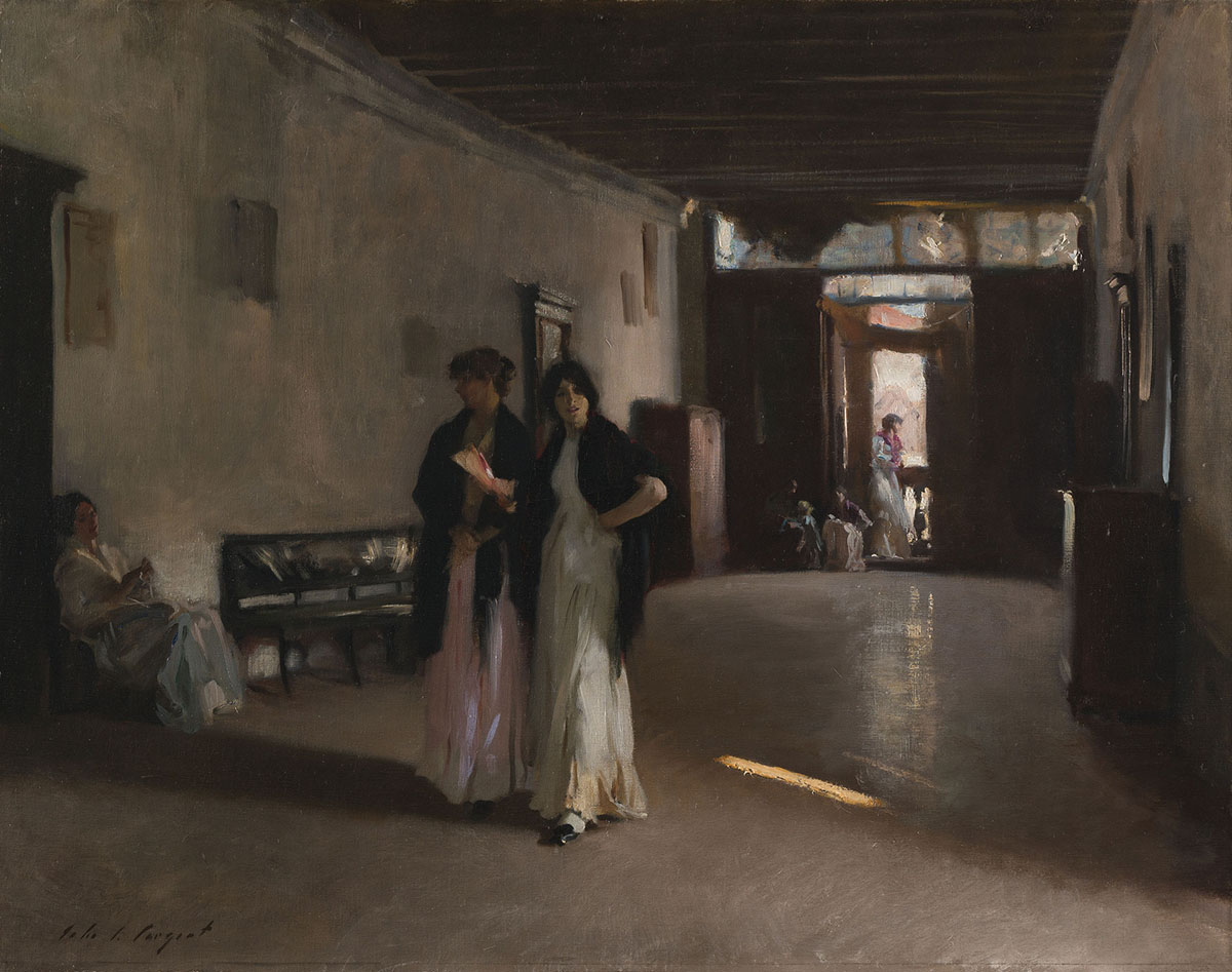 A painting depicts two women walking together through a hallway wearing dresses and shawls. Another woman can be seen sitting in the background on a bench against a wall and a group of women are sitting near a doorway leading to a porch or entrance where another woman is standing.