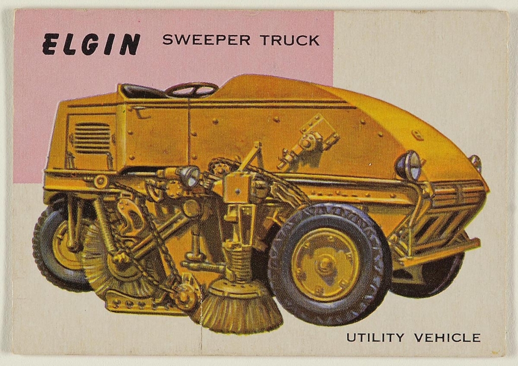 A trading card from the 1950s features an illustration of a large, brightly colored street-sweeping truck. The words “Elgin Sweeper Truck” and “Utility Vehicle” are printed on the card. 