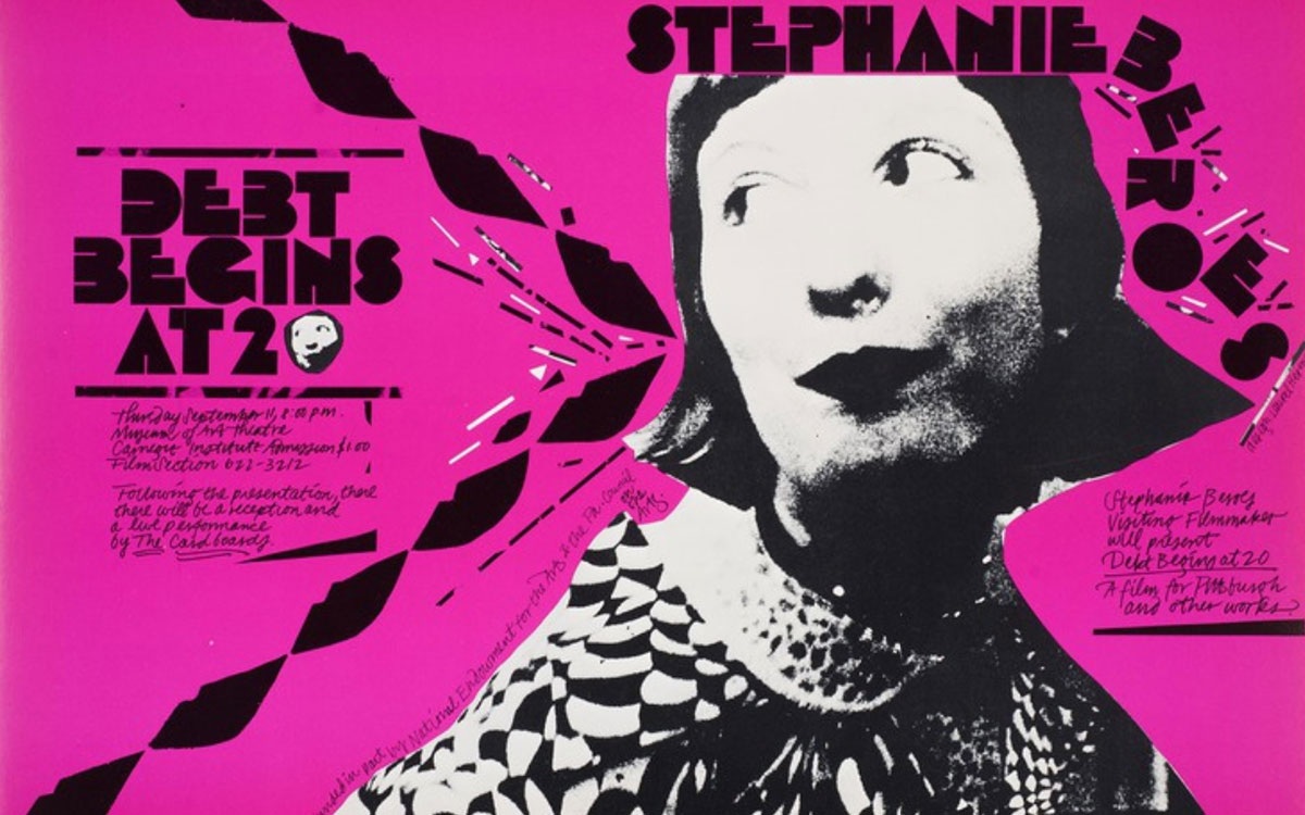 A neon pink and black film poster features a woman with a short haircut looking off to the left of the image. Her head is ringed with the words “Stephanie Beroes” and a graphic triangle next to her mouth holds the words “Debt Begins at 20.”