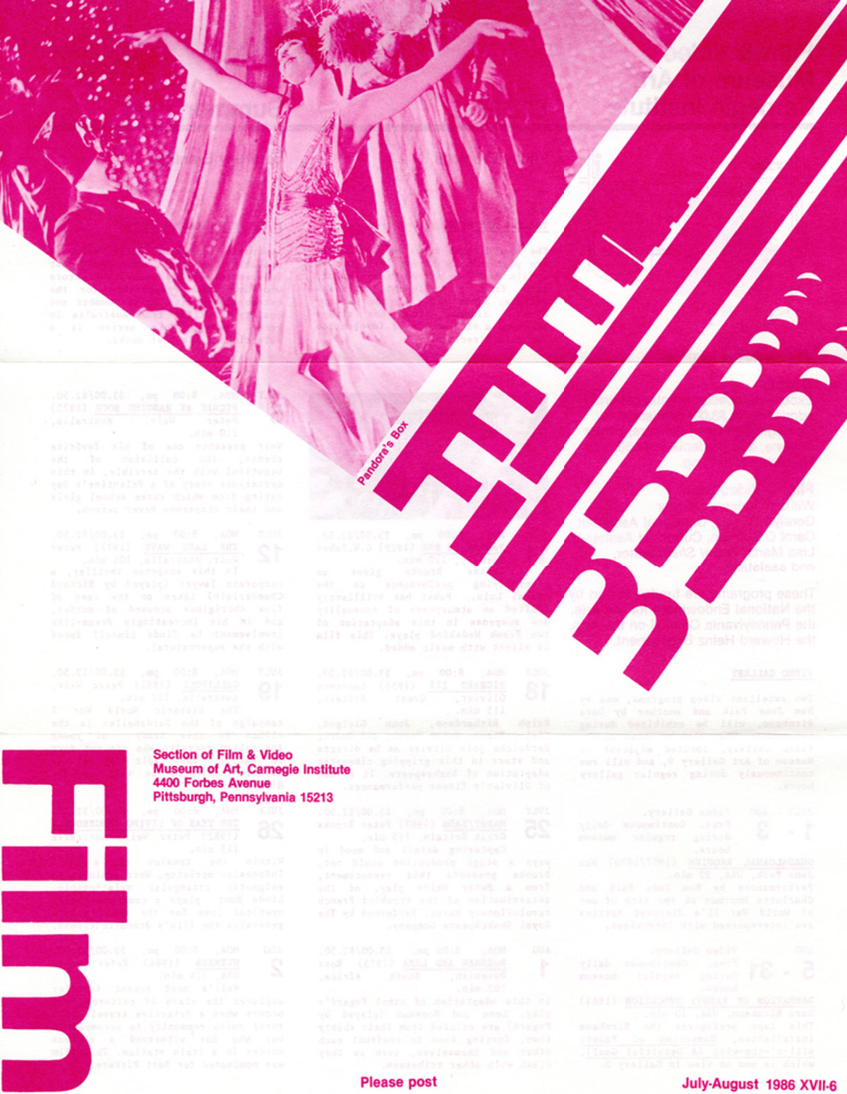 A brightly colored poster with a photo of a woman in a beaded, belted costume with her arms outstretched at the top next to the word “film” repeated and layered on itself.