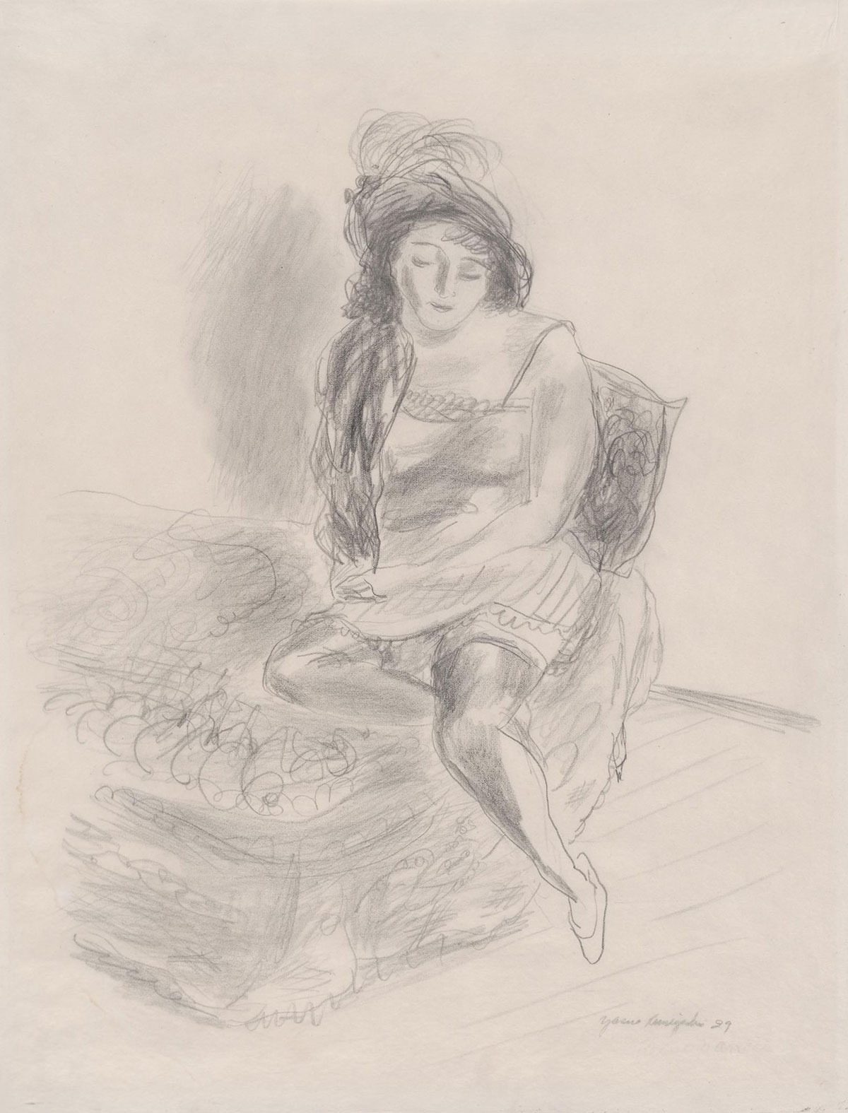 A pencil sketch of a young woman wearing a short, slip-style dress, a wrap draped over one shoulder, and a decorative hat lounges gently on a wide piece of furniture