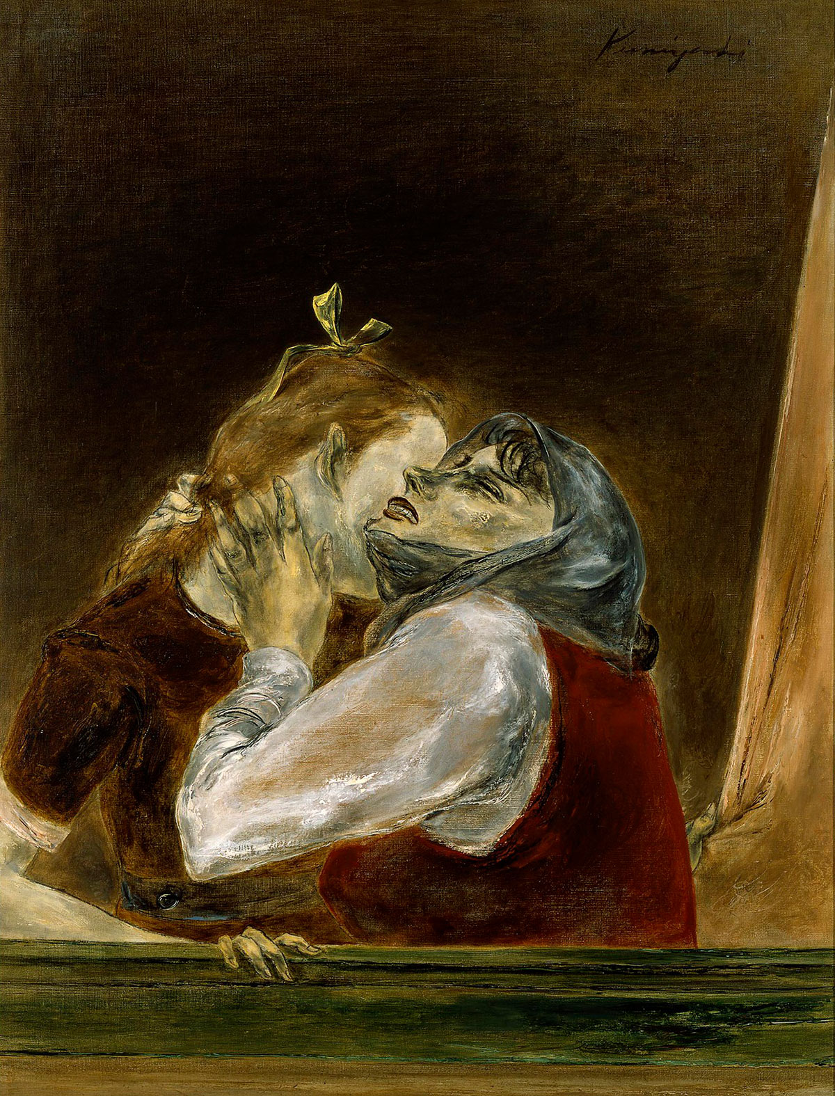 A painting of two women; one holds the other's face to her shoulder and looks up to the sky with a mournful expression on her face