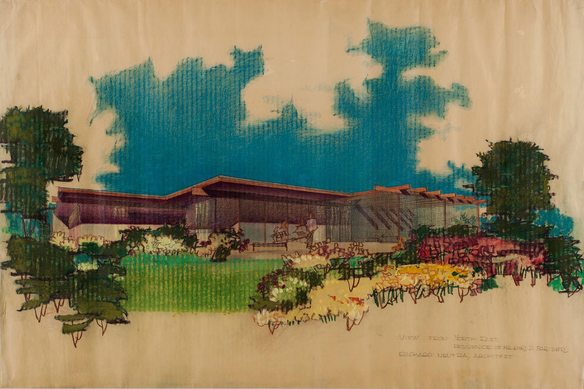 A colorful drawing of a wide, one-story house with glass walls and a flat roof, set on a bright lawn with flowers and trees against a bright blue sky
