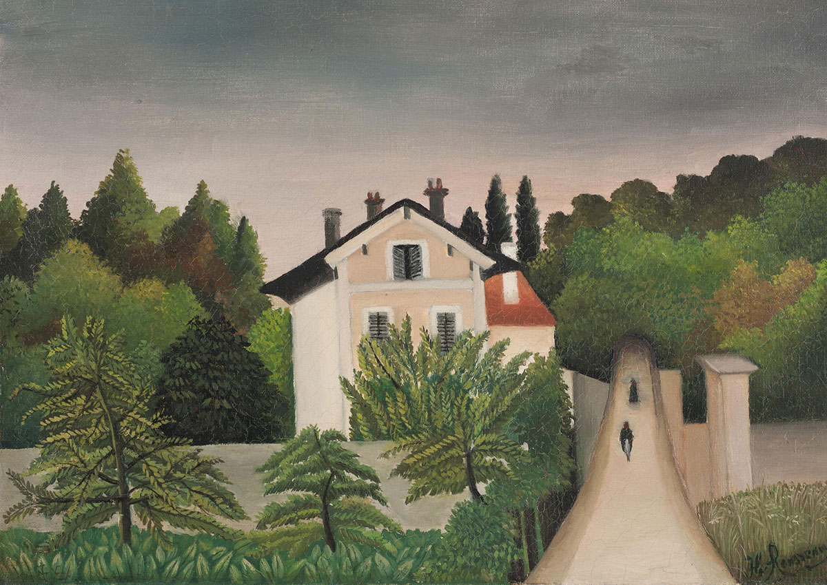 A serene painting of a large, neutral-colored house settled among tall trees and green hills; next to the house a long pathway stretches into the distance