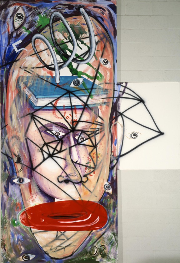 An artwork depicts a face with a book and spring on its forehead, many eyes and a large bright red oval on the mouth. The face sits over a field of swirling color and eyes and dark black lines make a pattern over the face. To the right of the artwork is a column of largely blank space and some of the dark lines spill into the empty space.