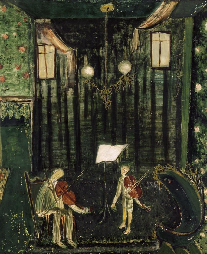 In a large room, one man is seated, and a boy is standing facing him. Both figures are playing violins and a stand with sheet music is set up behind them.