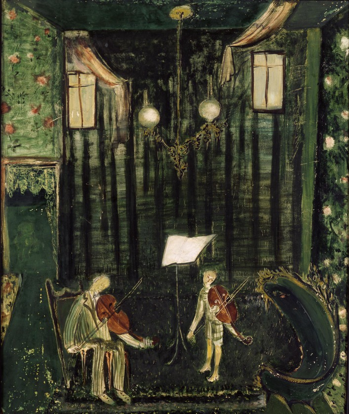 In a large room, one man is seated, and a boy is standing facing him. Both figures are playing violins and a stand with sheet music is set up behind them. 