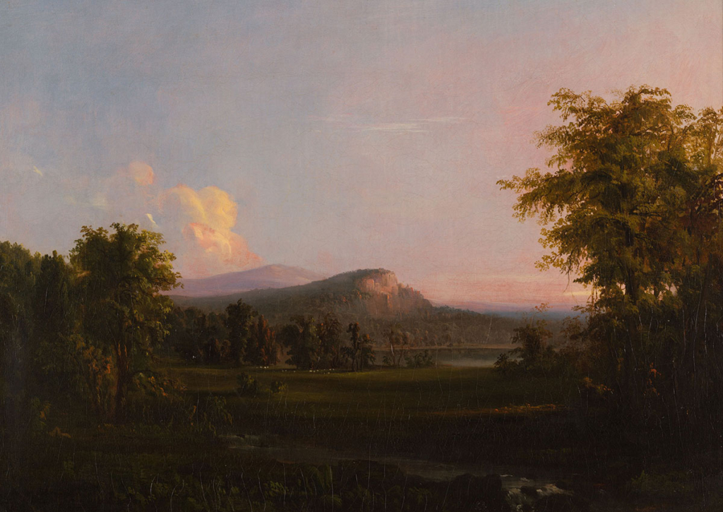 A painting depicts a landscape scene. Two trees in the foreground frame a mountain peak in the background and the sky is bright with the colors of sunset.