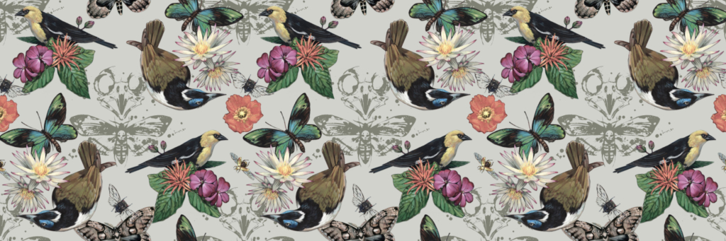 A repeating design featuring overlain birds, flowers, and butterflies on a pastel background