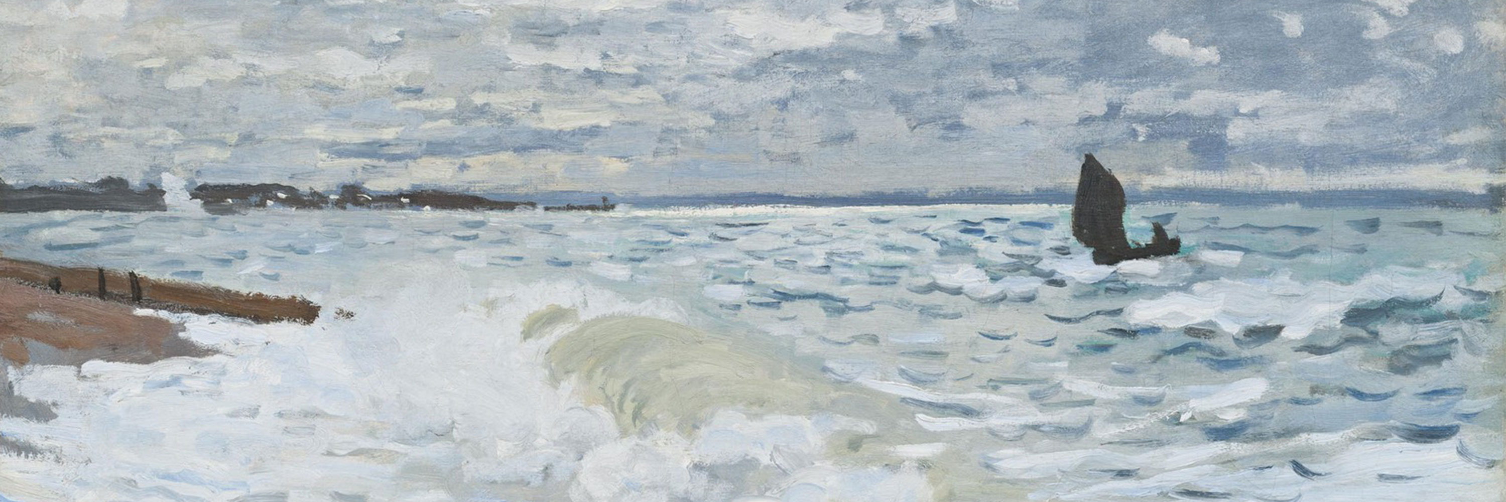 An impressionistic painting depicts a cloudy sky and rolling waves crashing on a beach. A dark sailboat rides the waves in the distance.