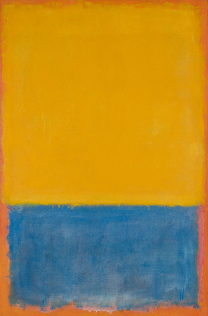 An abstract painting; the top two thirds are a golden yellow and the bottom third is a warm medium blue; the painting is ringed in a bronze-orange color