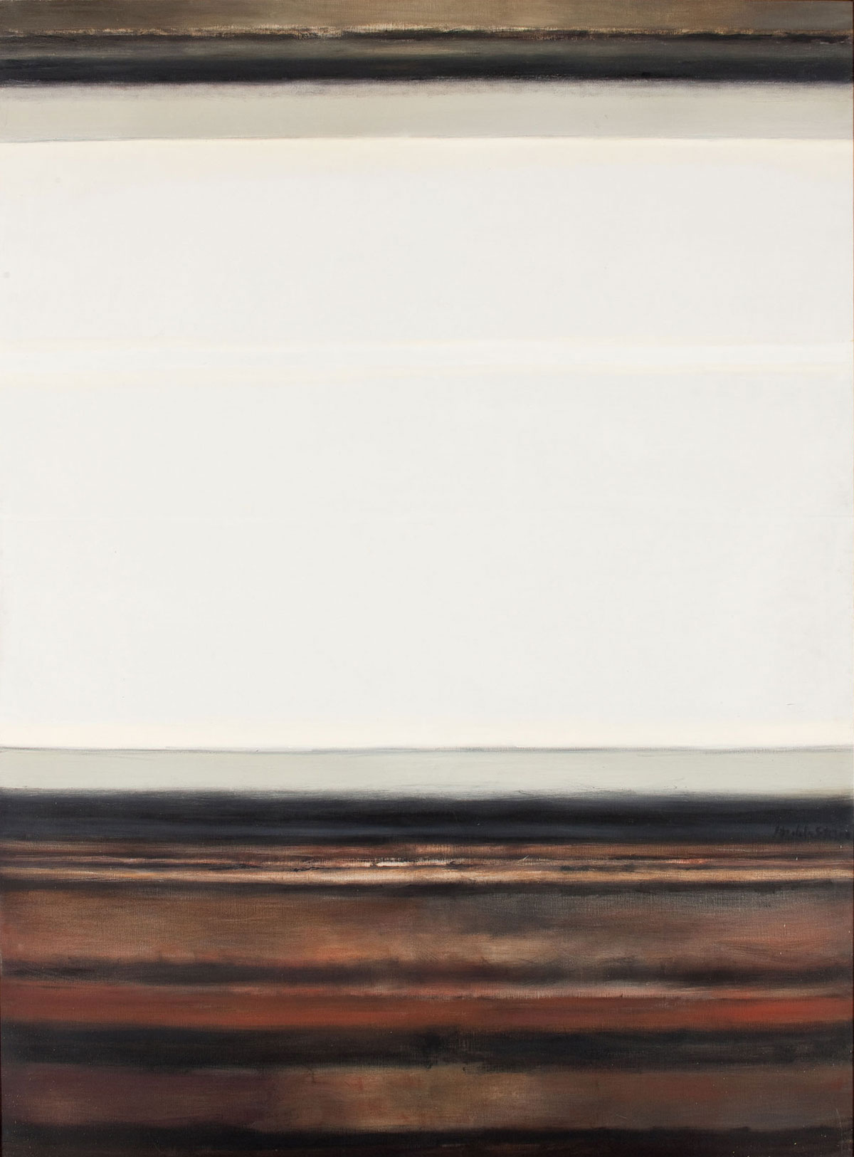 A hazy, painted abstract scene made with a bright center and dark, earthy striped sections at the top and bottom, creating the illusion of a horizon line