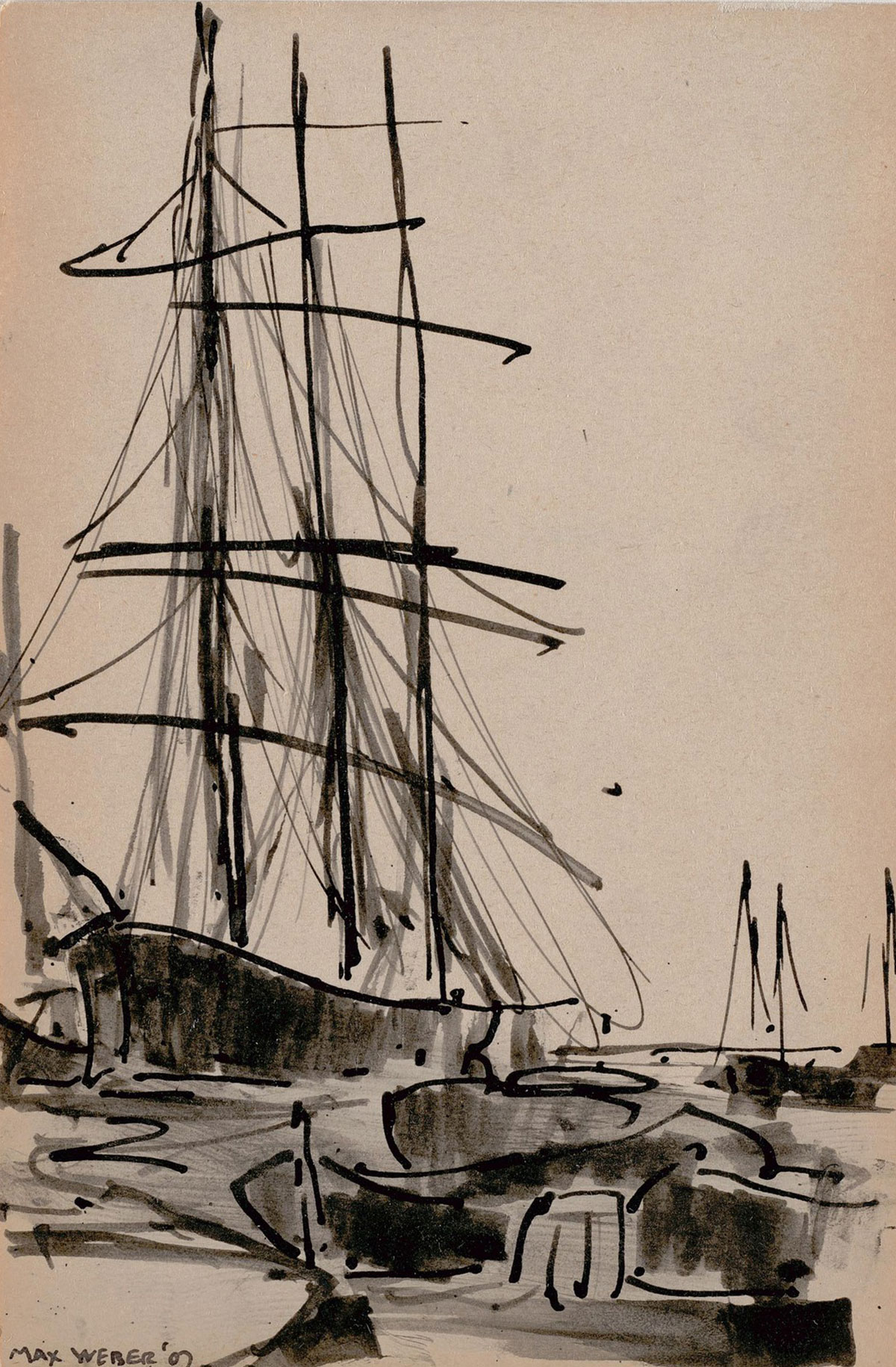 An ink drawing of a ship with tall sails on the water