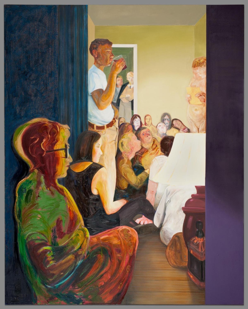 People crowd into a room to watch a performer. In the foreground of the paiting a person wearing dark glasses and a bright shirt is seated in the doorway watching the act.