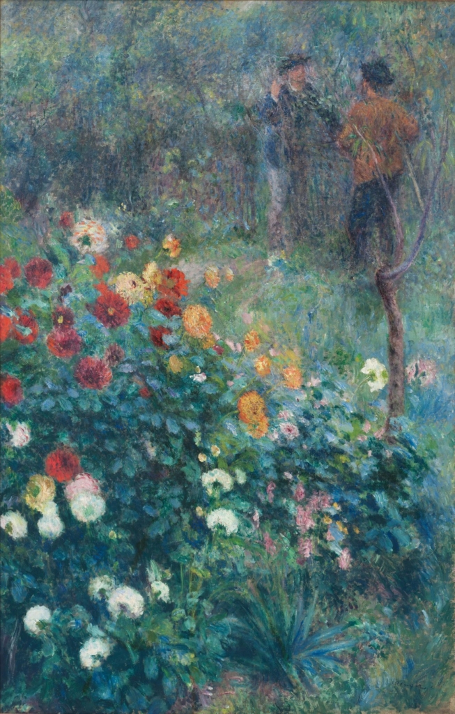 A large plant covered in drooping bright flowers sits in the foreground of a painting. In the background, two people are standing and talking with each other in the garden.