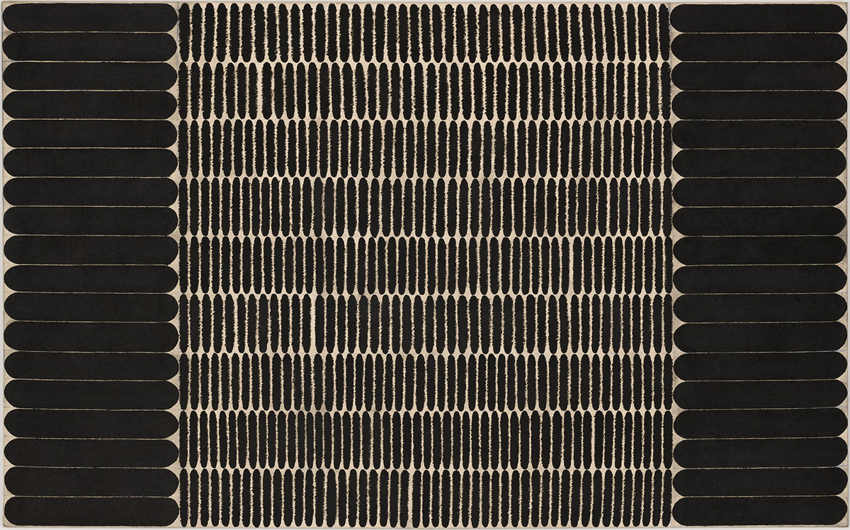 A wide painting with two vertical rows of oblong horizontal black ovals on each side; uniform lines of fuzzy vertical ovals fill the center of the painting