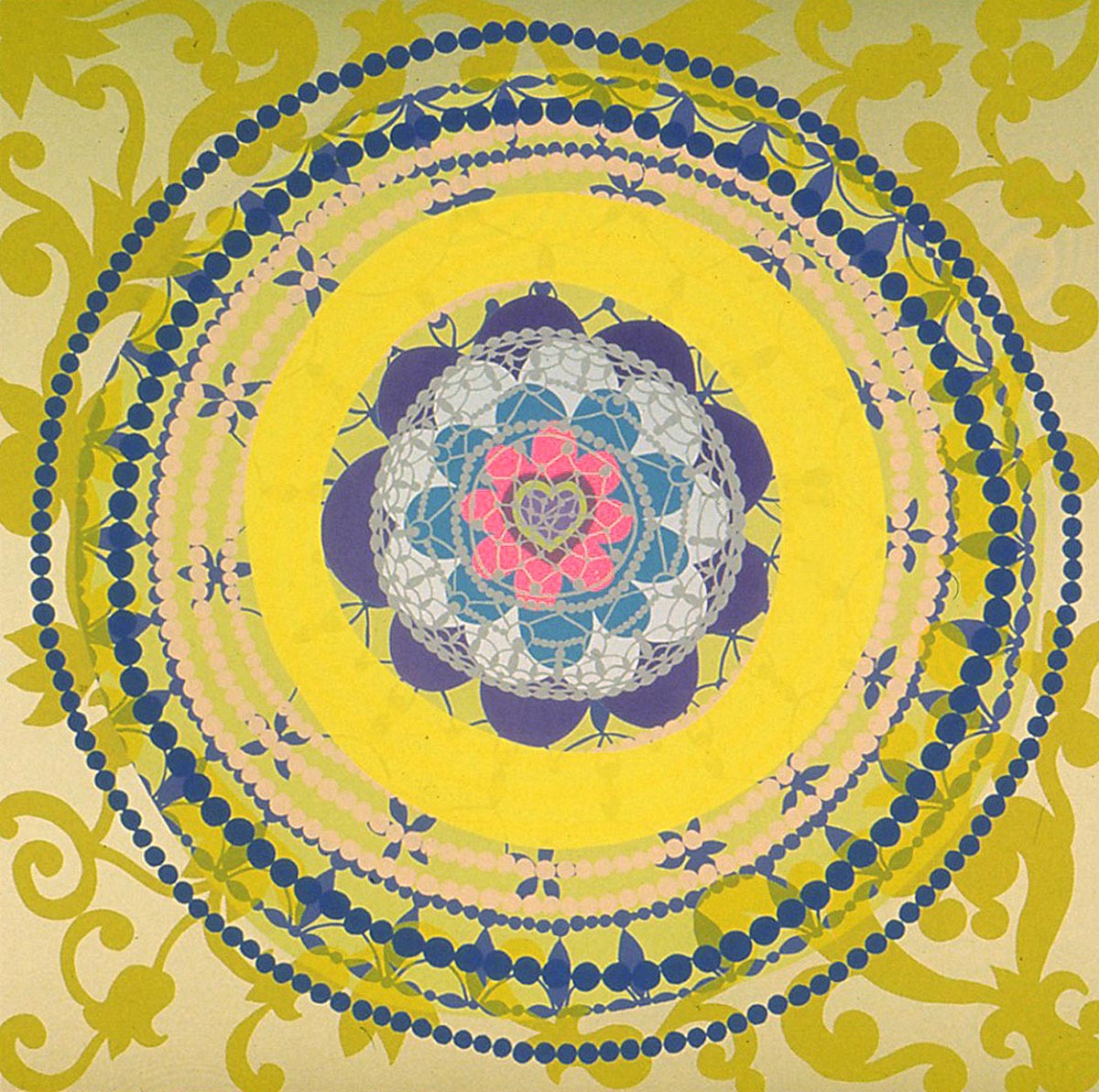 A brightly-colored artwork employs flowers and intricate patterns to create a kaleidoscopic effect. 