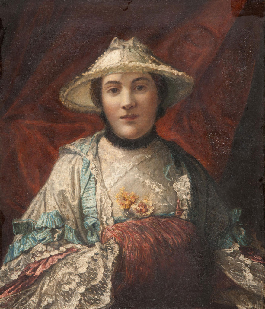 A portrait of a woman wearing a wide, white hat and highly detailed white and blue gown, set against a dark red background