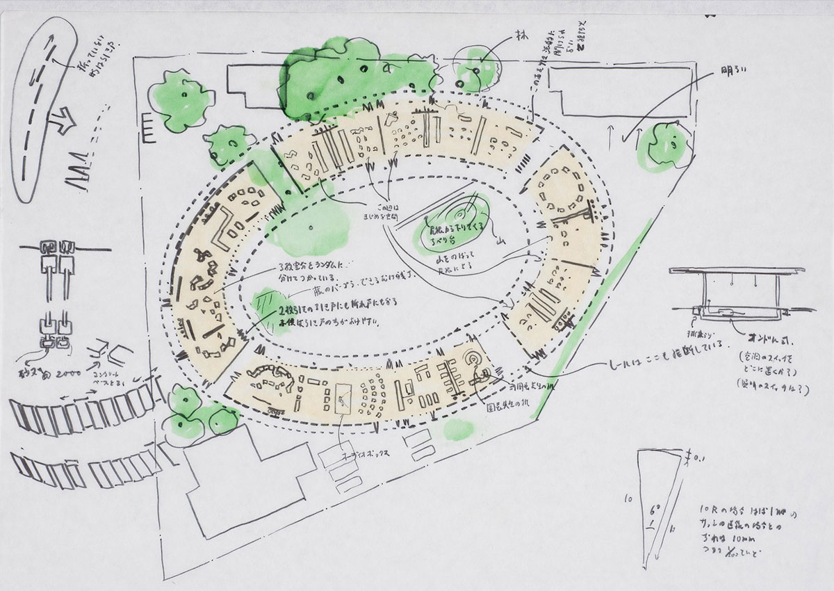 An architecture drawing of an oval-shaped building surrounded by trees; a park with natural features is nestled inside the oval