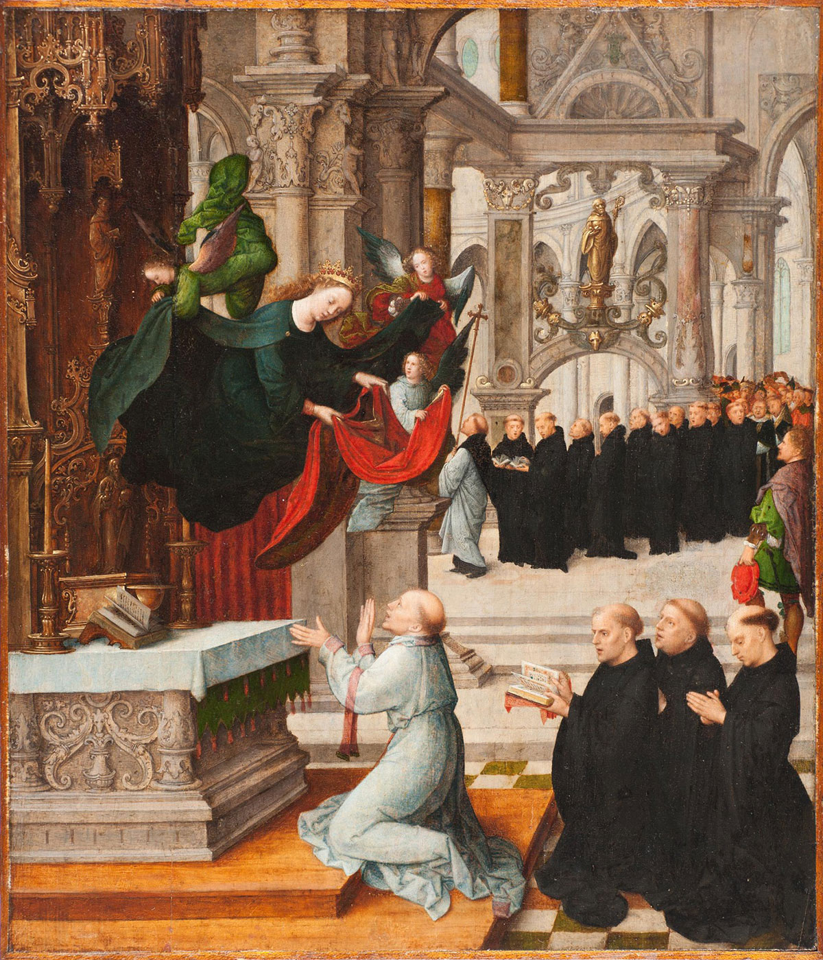 A grand church interior where a man in grey robes kneels below a flying angel. Behind him, a train of monks wearing dark robes bends over prayer books