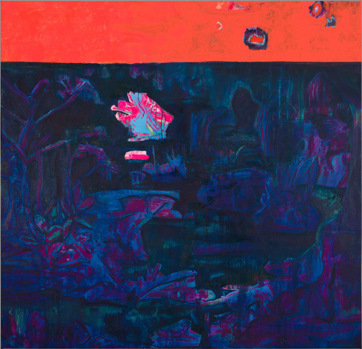 Swirling blue gives way to a bright red horizon in an abstract artwork.