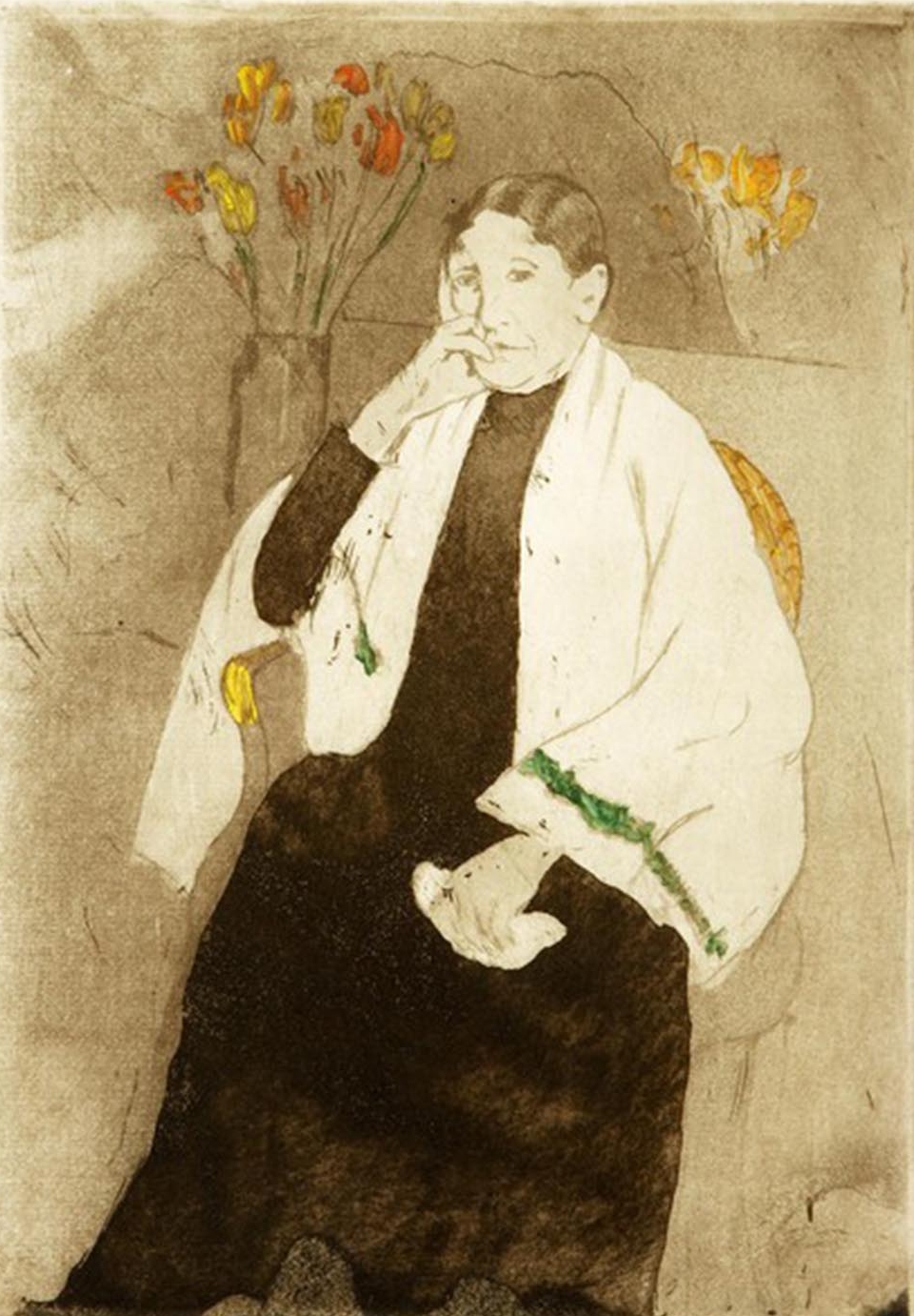 An artwork depicting a person wearing a dark dress and white shawl looking directly at the viewer with one hand propped on their face and the other hand in their lap holding a kerchief. Behind the seated person is a vase of flowers.
