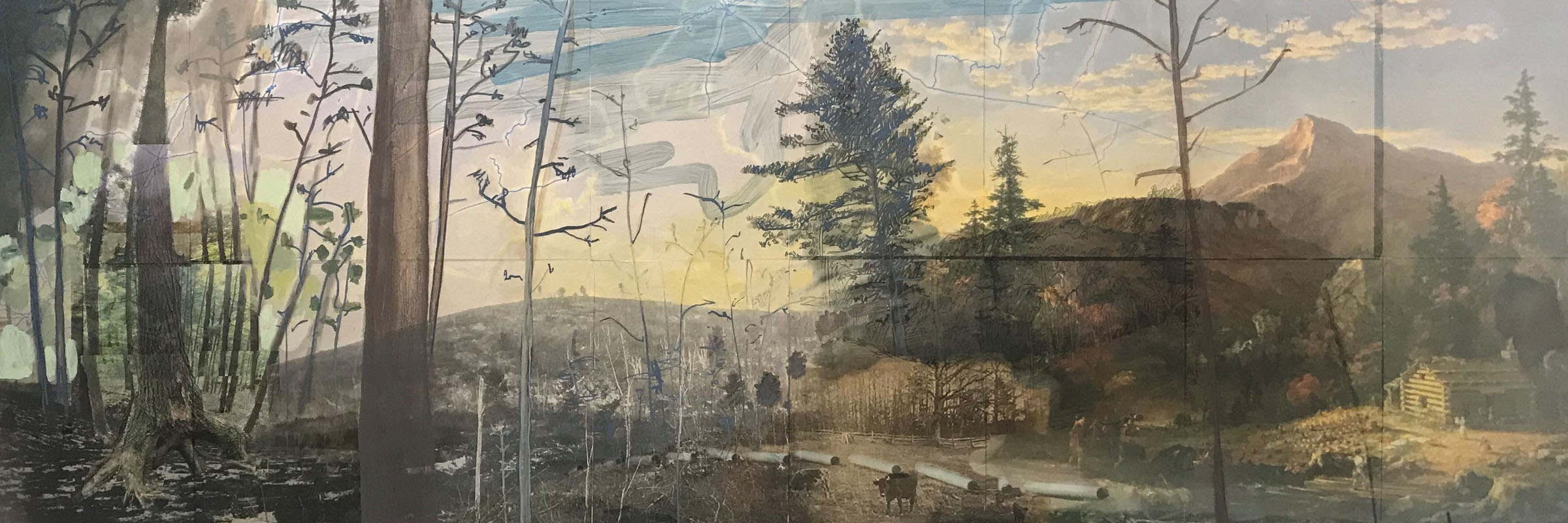 A landscape artwork featuring forest on the left hand side and a river and settlers with animals to the right.