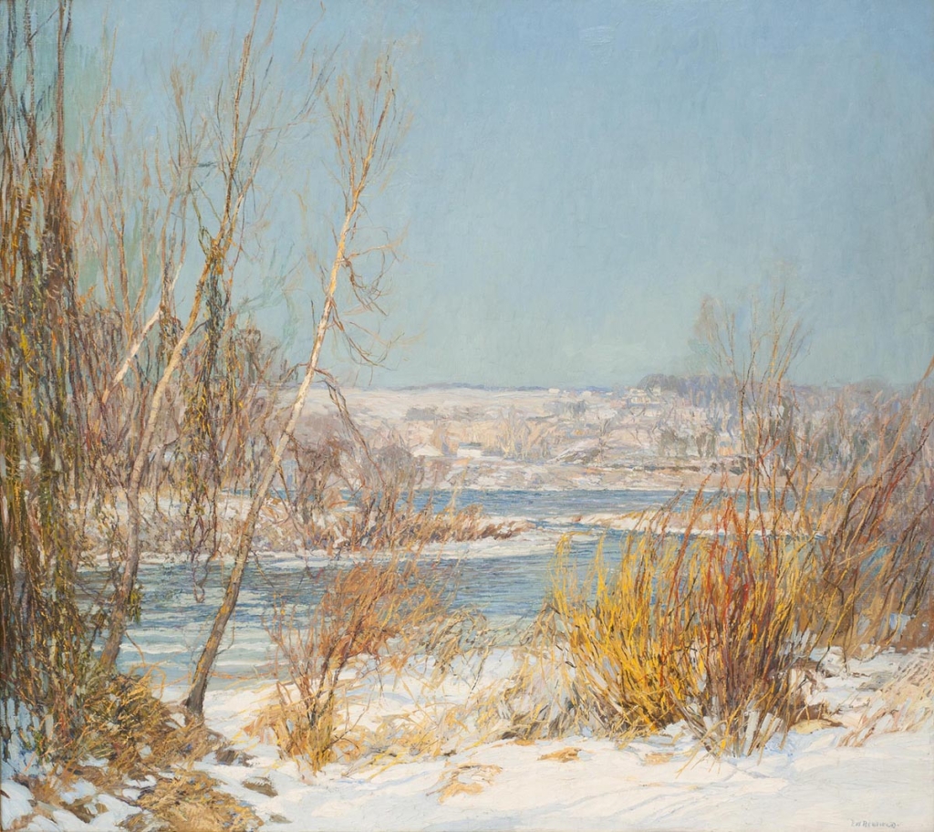 A painting of a river surrounded by yellow brush and snowy ground with a blue sky stretching above 