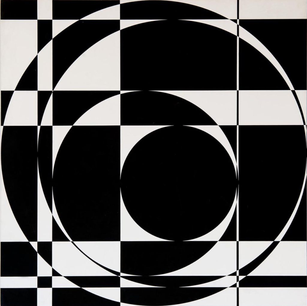 An abstract black and white pattern featuring lines, squares and circles create a spiraling effect