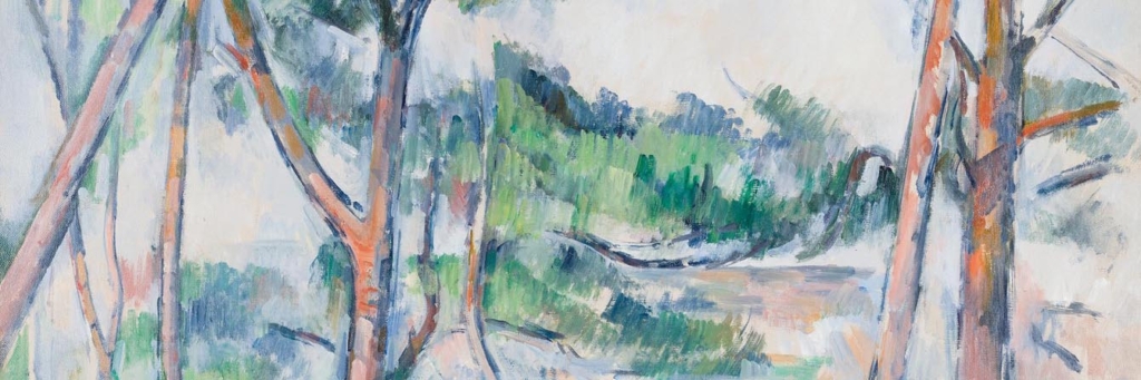 Impressionistic painting of trees against a blue sky