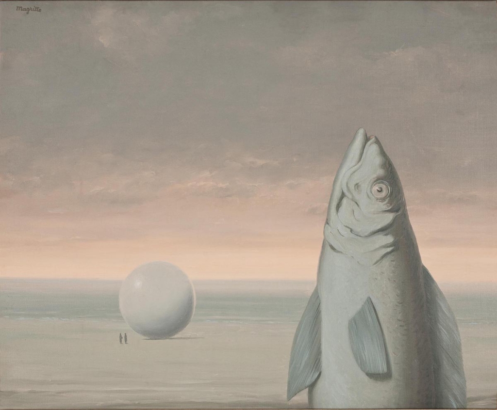 A fish stands upright in the foreground of an image, a large ball sits in the background with two small individuals standing next to it and the sea and a cloudy sky are the backdrop for the scene