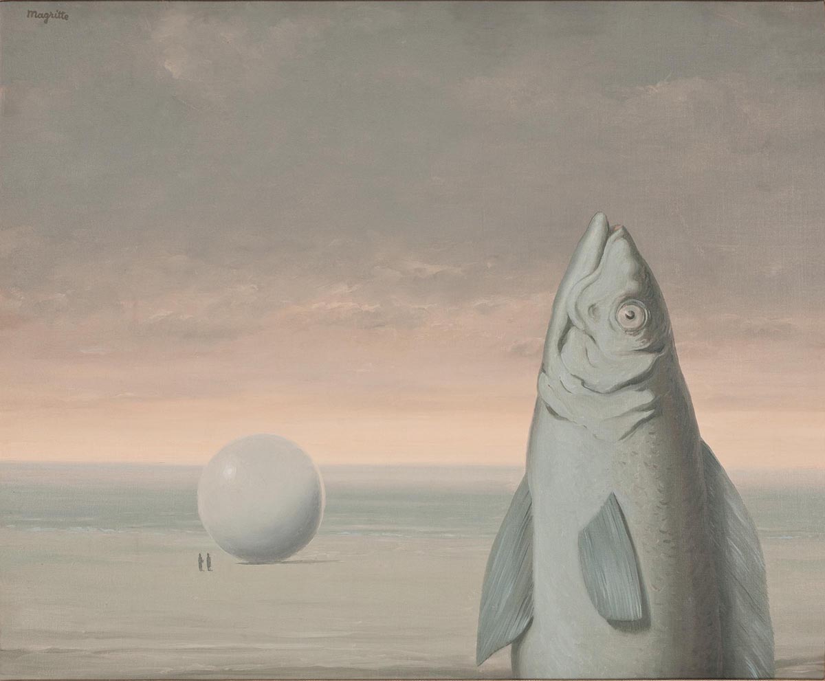 A fish stands upright in the foreground of an image, a large ball sits in the background with two small individuals standing next to it and the sea and a cloudy sky are the backdrop for the scene