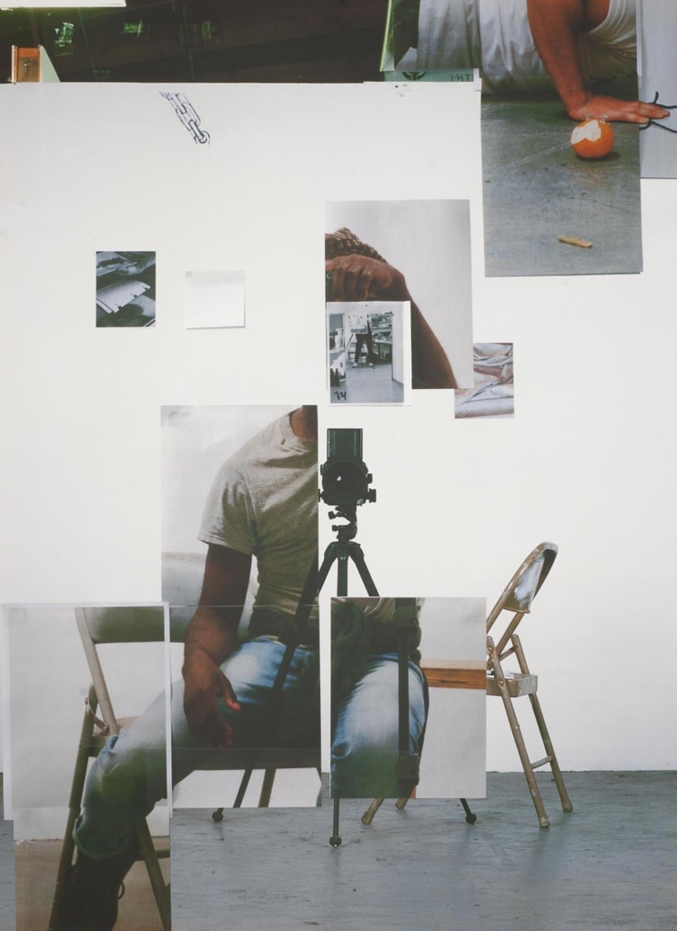 A collage of photographs showing a person who is seated and another photograph showing the same person laying on a floor, these images are layered over a background image of a metal chair and a camera on a tripod