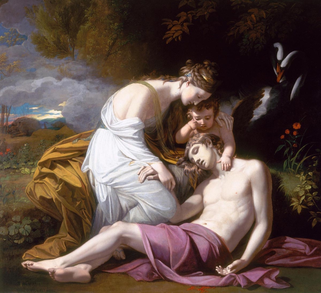 Situated within a landscape, a woman kneels next to a man with her arm around a child. The child feels for the man’s pulse, as he has been mortally injured