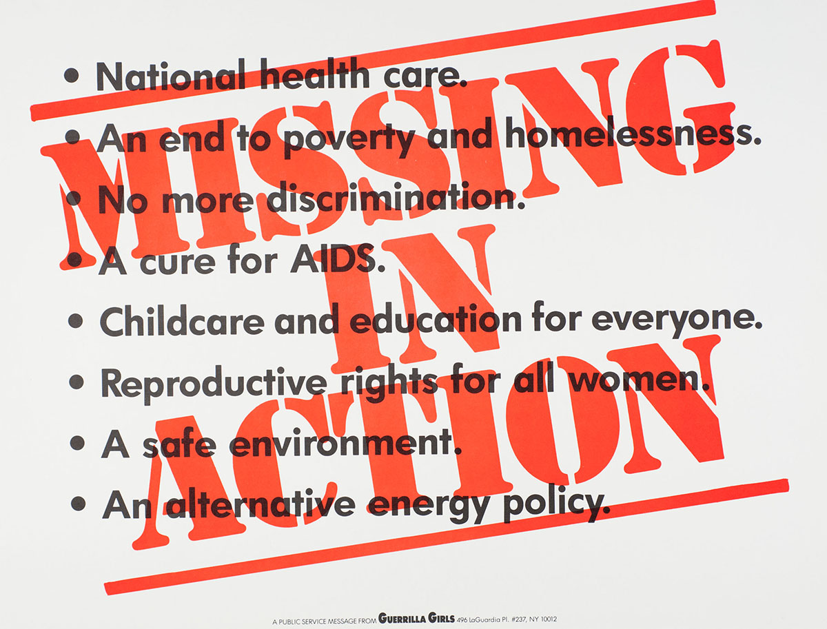 A printed piece of paper with bullet points reading National Health Care. An End to Poverty and Homelessness. No More Discrimination. A Cure for AIDS. Childcare and Education for Everyone. Reproductive Rights for All Women. A Safe Environment. An Alternative Energy Policy. These words are all covered by a big red stamp saying Missing in Action.