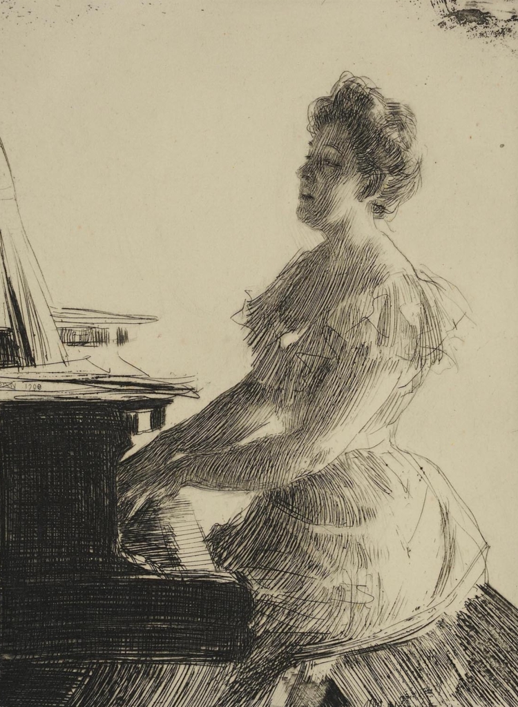 A person wearing a long dress is seated at a piano, they are playing the instrument and singing