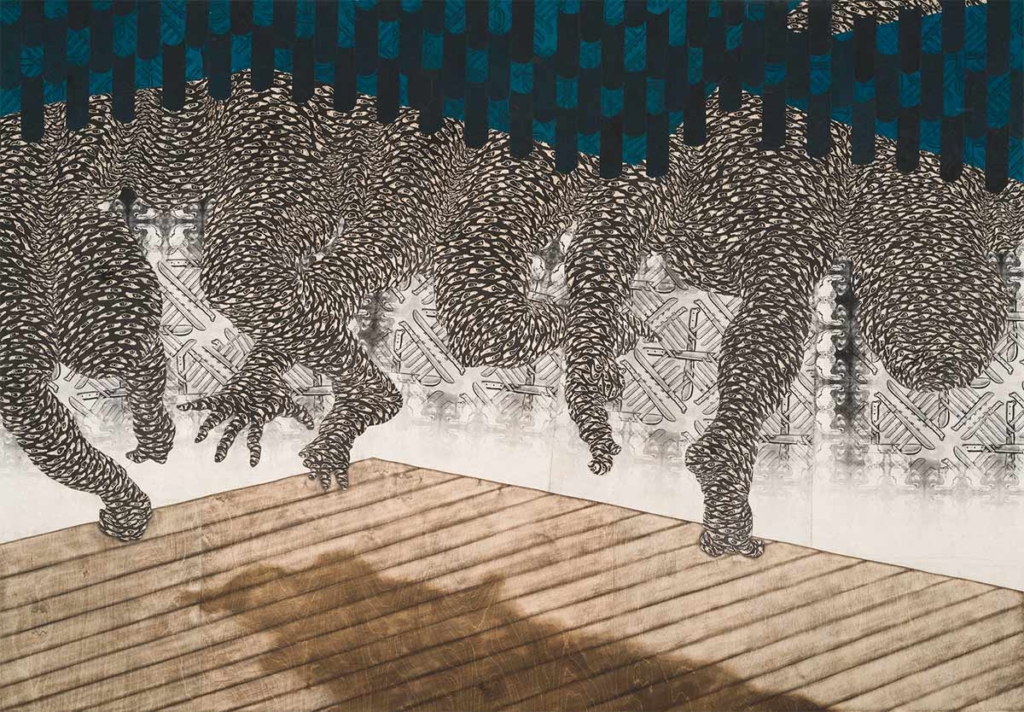 Collage on a panel featuring an image of the corner of an empty room with arms and legs dangling from the ceiling with each limb wrapped in a detailed pattern.
