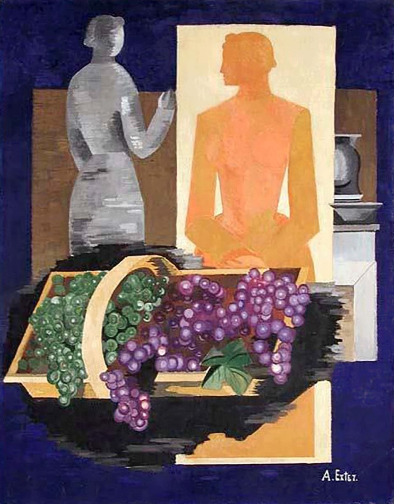 A dark blue background with two figures, each facing each other. A large basket overflowing with grapes sits in the foreground. 