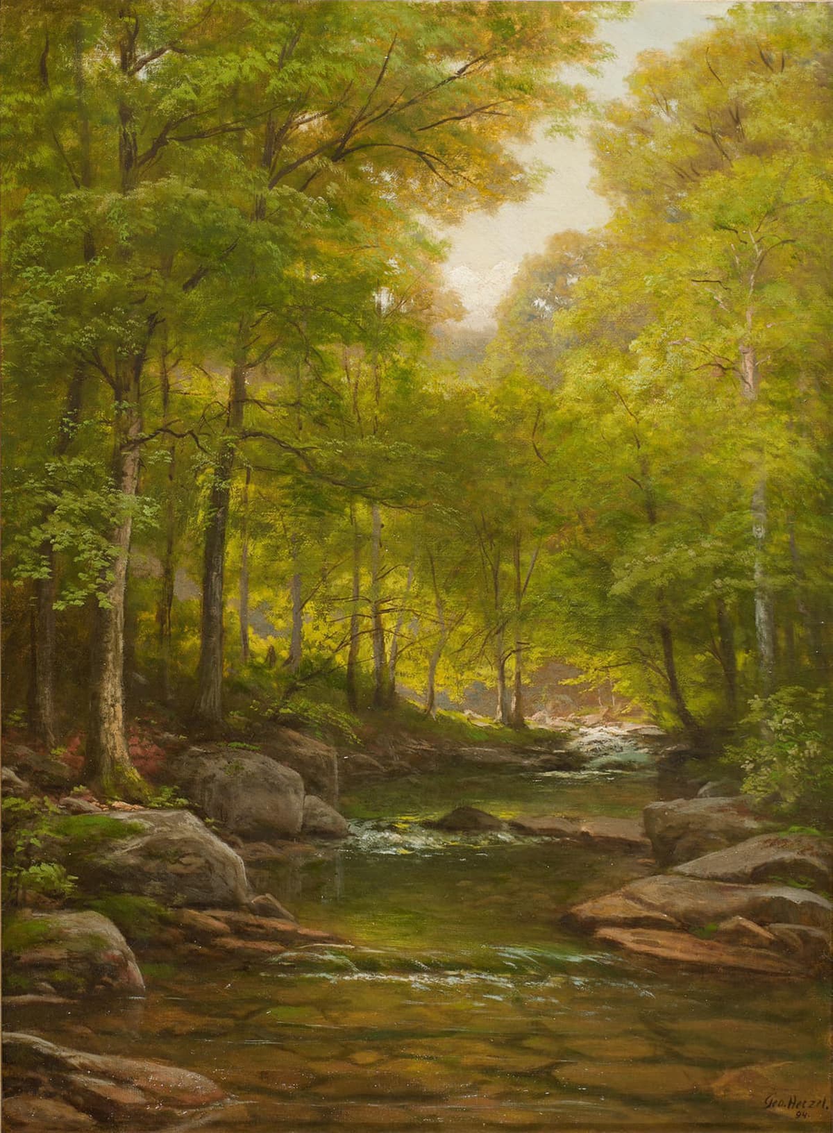 A painting depicts a brook with dense forest on either side