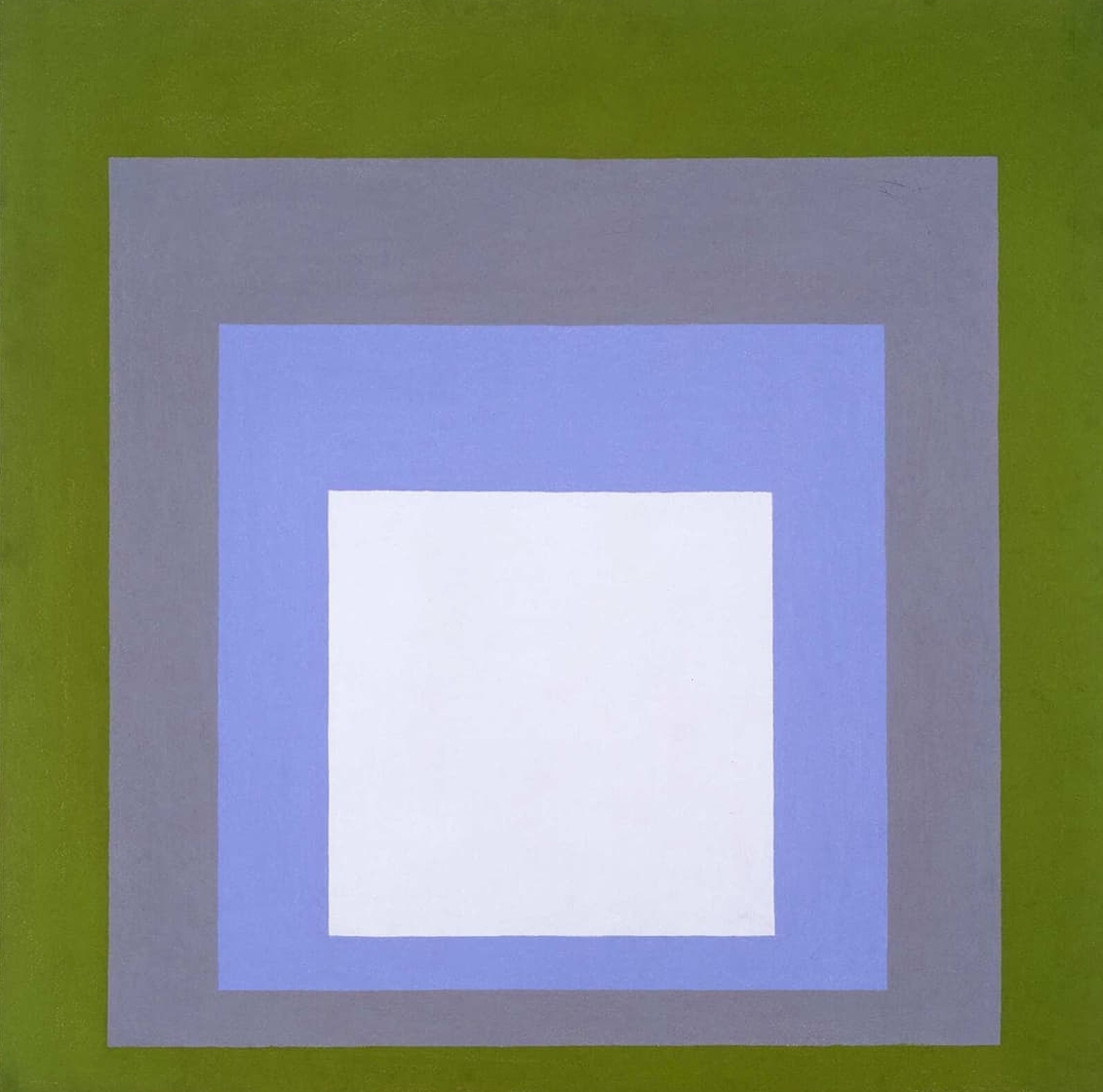 An abstract painting features a large square with six smaller squares, each a different color, layered on top of each other.