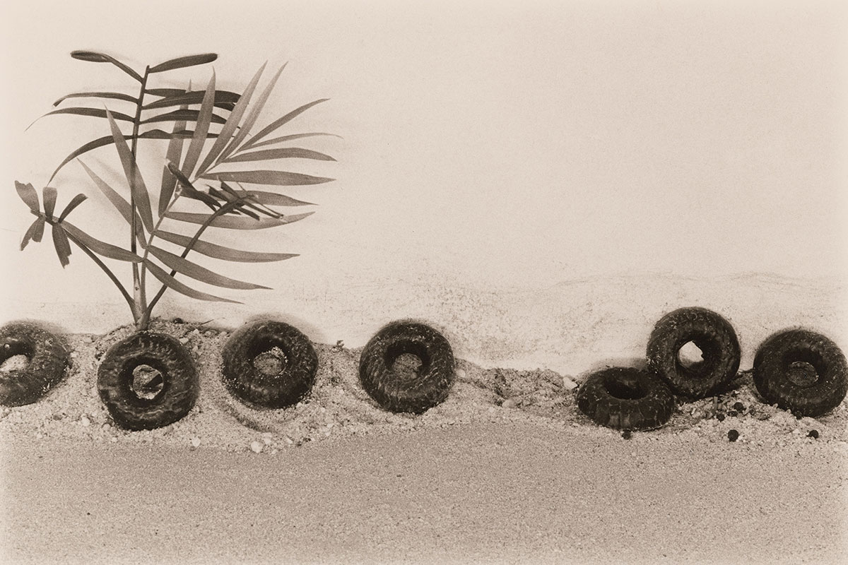 A black and white photo of a row of seven car tires resting against a wall covered in cracks and chipping paint with a fern in the background