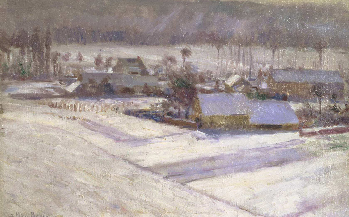 A snowy pastoral scene with farmhouses and buildings in the middle of a large field, snow-covered hills are visible on the horizon