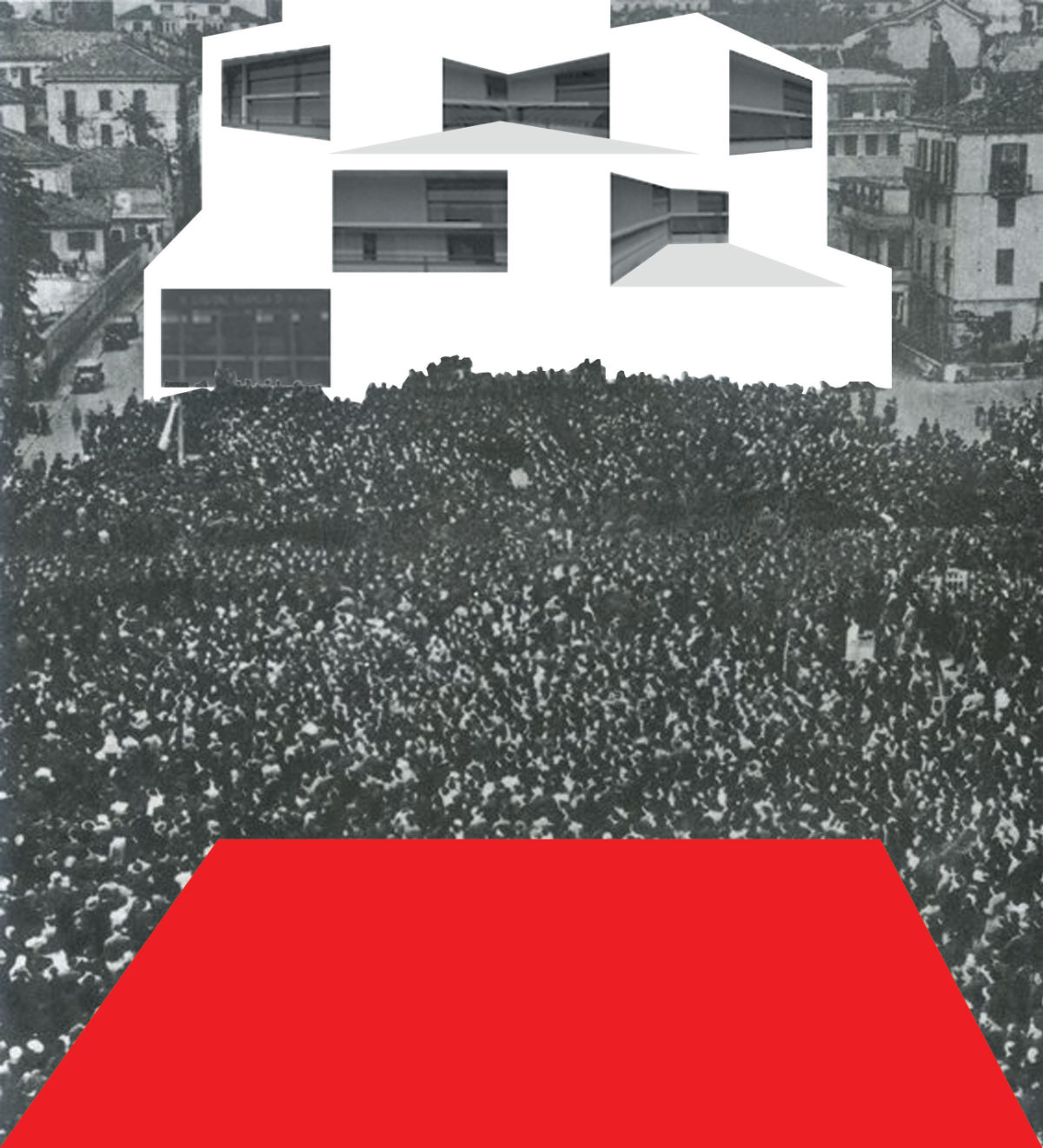 Collage showing dense crowd of people in front of modern architecture and a large geometric field of color in the foreground