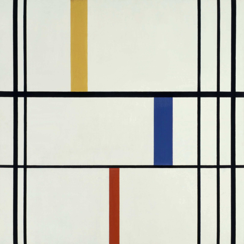 A painting comprised of lines creating a grid of negative space, with primary colors applied sparingly.