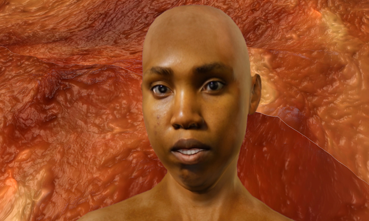 A digital rendering of a human head in front of a liquid texture.